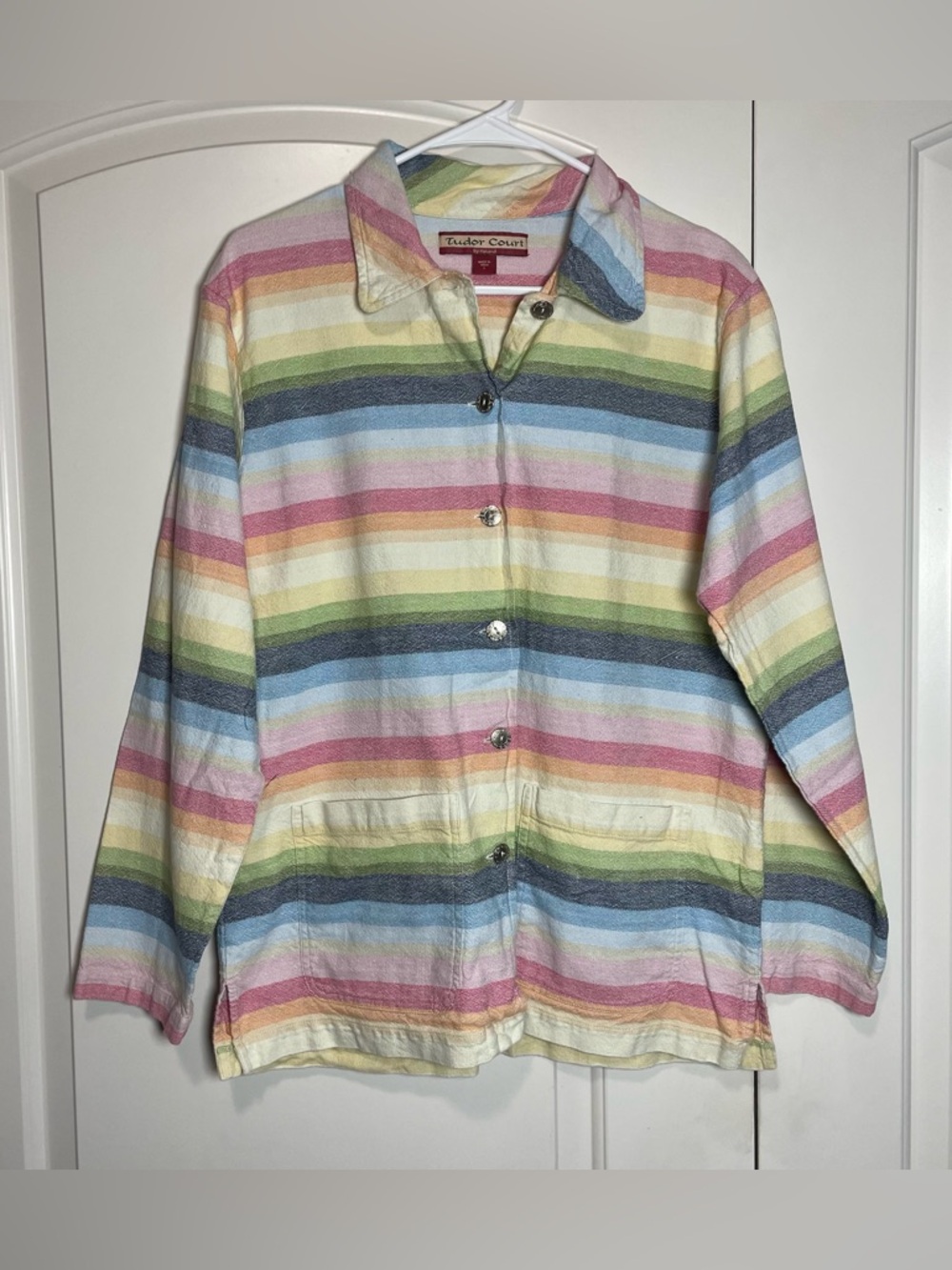 Tudor Court Vtg 100% Cotton Pastel Multicolor Striped Button-Down Shirt Jacket